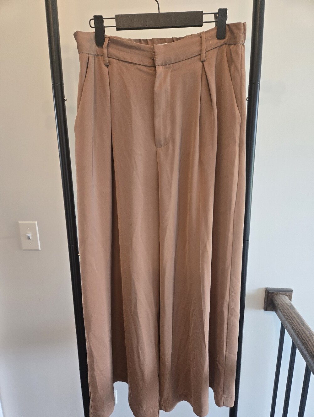 Tronjori Wide Leg Dress Pants Women's Large Camel Tan High Rise Pleated Career